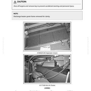 K&ouml;nnte beinhalten: Diagramm zur Entfernung und Installation eines Auswurf-Schl&auml;gersiebabschnitts. Das Bild enth&auml;lt eine Warnung zum Abschalten des Motors und zum Entfernen des Schl&uuml;ssels. Es zeigt auch Trennabdeckungen, Schraubkappen und Luftsch&auml;chte.