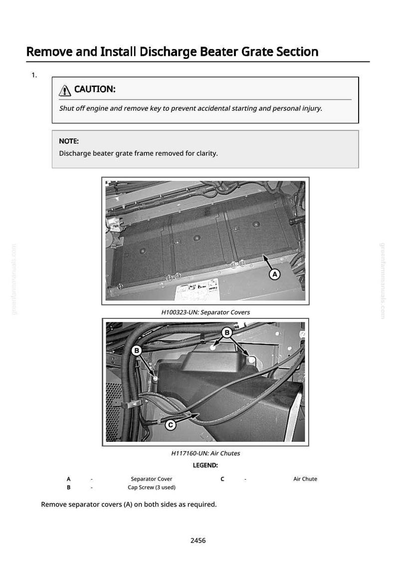K&ouml;nnte beinhalten: Diagramm zur Entfernung und Installation eines Auswurf-Schl&auml;gersiebabschnitts. Das Bild enth&auml;lt eine Warnung zum Abschalten des Motors und zum Entfernen des Schl&uuml;ssels. Es zeigt auch Trennabdeckungen, Schraubkappen und Luftsch&auml;chte.