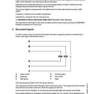 May include: A service manual page from LIEBHERR, with the title "Service Manual". The document includes sections on document layout, with labels A through F, and a code "050.030.1". The manual is printed in Germany.