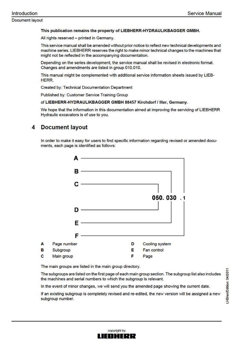 May include: A service manual page from LIEBHERR, with the title "Service Manual". The document includes sections on document layout, with labels A through F, and a code "050.030.1". The manual is printed in Germany.