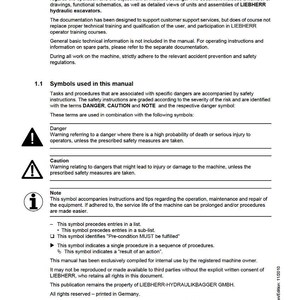 Pu&ograve; includere: Una pagina del manuale di servizio con il titolo "Layout del manuale di servizio" e il logo Liebherr. Il documento include simboli di sicurezza per pericolo, attenzione e nota, con spiegazioni. Il manuale &egrave; per uso interno.