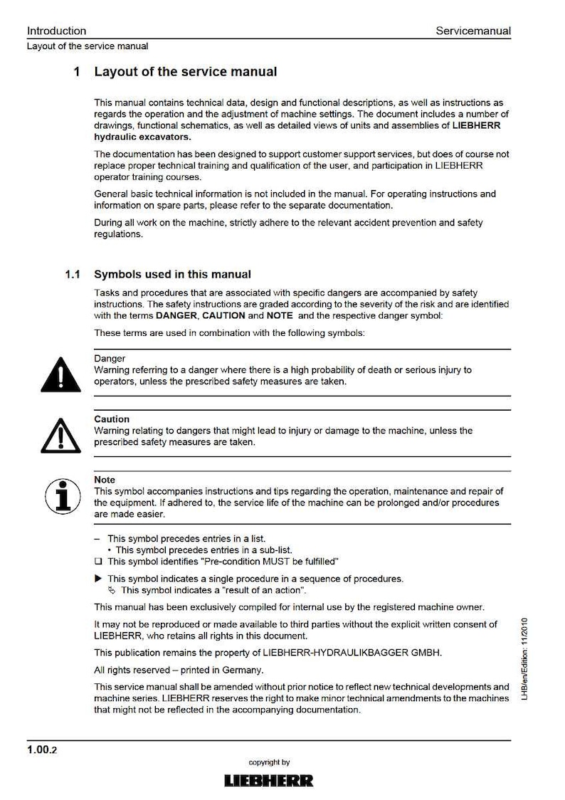 Pu&ograve; includere: Una pagina del manuale di servizio con il titolo "Layout del manuale di servizio" e il logo Liebherr. Il documento include simboli di sicurezza per pericolo, attenzione e nota, con spiegazioni. Il manuale &egrave; per uso interno.