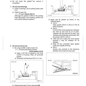 May include: Technical diagram detailing the disassembly and assembly of a parking brake. Includes illustrations of oil seals, dust seals, and bearings, with measurements in millimeters. Instructions are provided for applying grease and installing components.