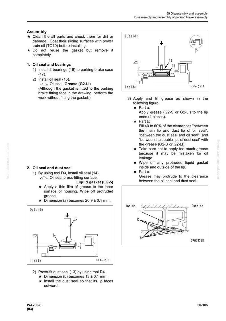 May include: Technical diagram detailing the disassembly and assembly of a parking brake. Includes illustrations of oil seals, dust seals, and bearings, with measurements in millimeters. Instructions are provided for applying grease and installing components.