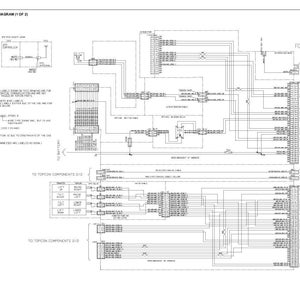 Puede incluir: Un diagrama de cableado detallado en blanco y negro etiquetado como "CONVENTIONAL WIRING DIAGRAM (1 OF 2)". El diagrama incluye varios componentes, conectores y etiquetas, con texto que indica conexiones a "TOPCON COMPONENTS" y "FORTHP B".
