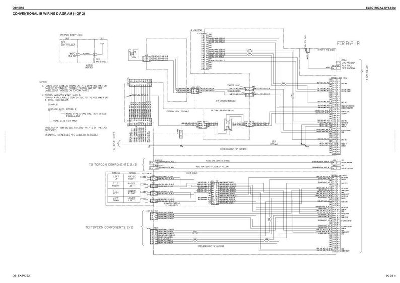 Puede incluir: Un diagrama de cableado detallado en blanco y negro etiquetado como "CONVENTIONAL WIRING DIAGRAM (1 OF 2)". El diagrama incluye varios componentes, conectores y etiquetas, con texto que indica conexiones a "TOPCON COMPONENTS" y "FORTHP B".