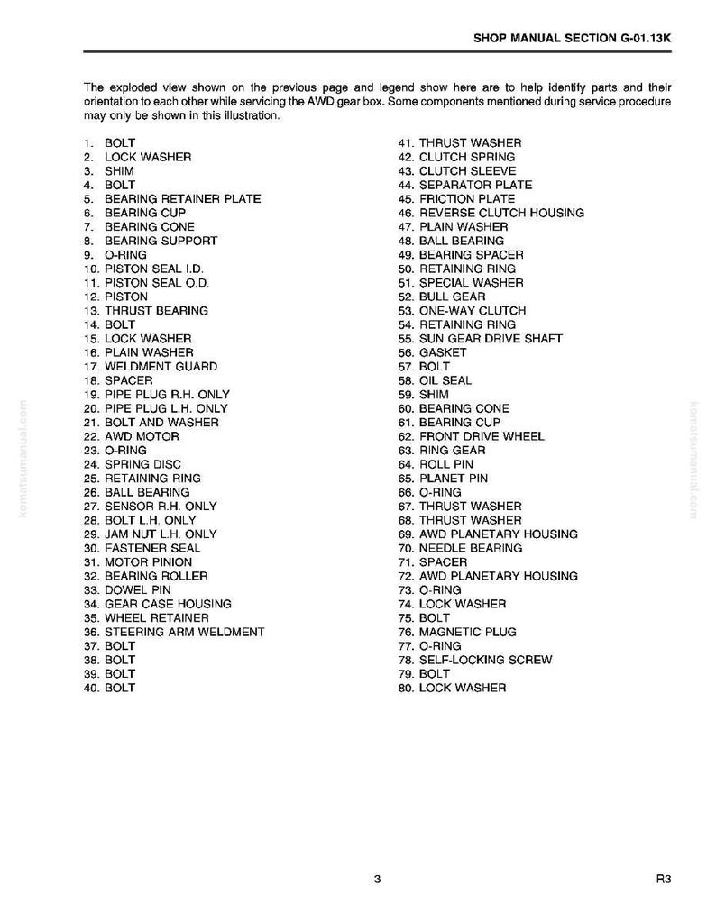 May include: A detailed diagram from a shop manual, labeled "SHOP MANUAL SECTION G-01.13K." The image features an exploded view of an AWD gear box, with numbered parts and a corresponding parts list. The text is in black on a white background.