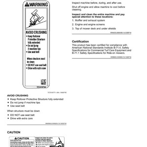 May include: A page of safety labels for machinery, featuring warnings about crushing and fire hazards. The labels include instructions for safe operation and maintenance, with diagrams and text. The page also includes a certification statement.