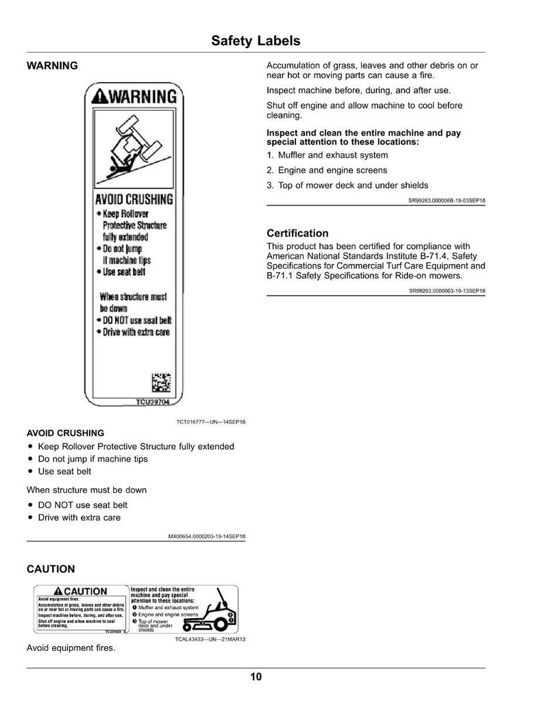 May include: A page of safety labels for machinery, featuring warnings about crushing and fire hazards. The labels include instructions for safe operation and maintenance, with diagrams and text. The page also includes a certification statement.