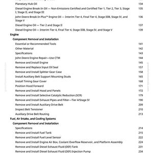 May include: A page from a manual with a list of engine-related topics. The topics include engine oil, component removal, installation, and fuel systems. The page numbers are listed on the right side of the page.