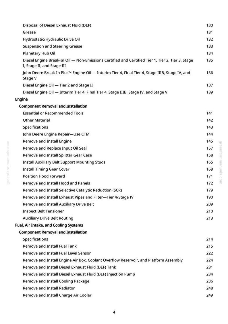 May include: A page from a manual with a list of engine-related topics. The topics include engine oil, component removal, installation, and fuel systems. The page numbers are listed on the right side of the page.