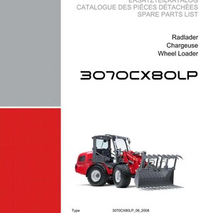 May include: A catalog cover featuring a red and black wheel loader. The text includes "WEIDEMANN" and "SPARE PARTS LIST". The model number "3070CX80LP" is prominently displayed. The document is in German, French, and English.