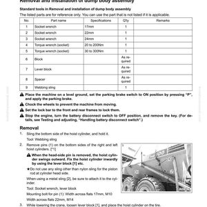 May include: A page from a manual detailing the removal and installation of a dump body assembly. It includes a parts list with specifications, such as socket wrenches (17mm, 22mm, 24mm) and torque wrenches. Instructions and diagrams are also provided.