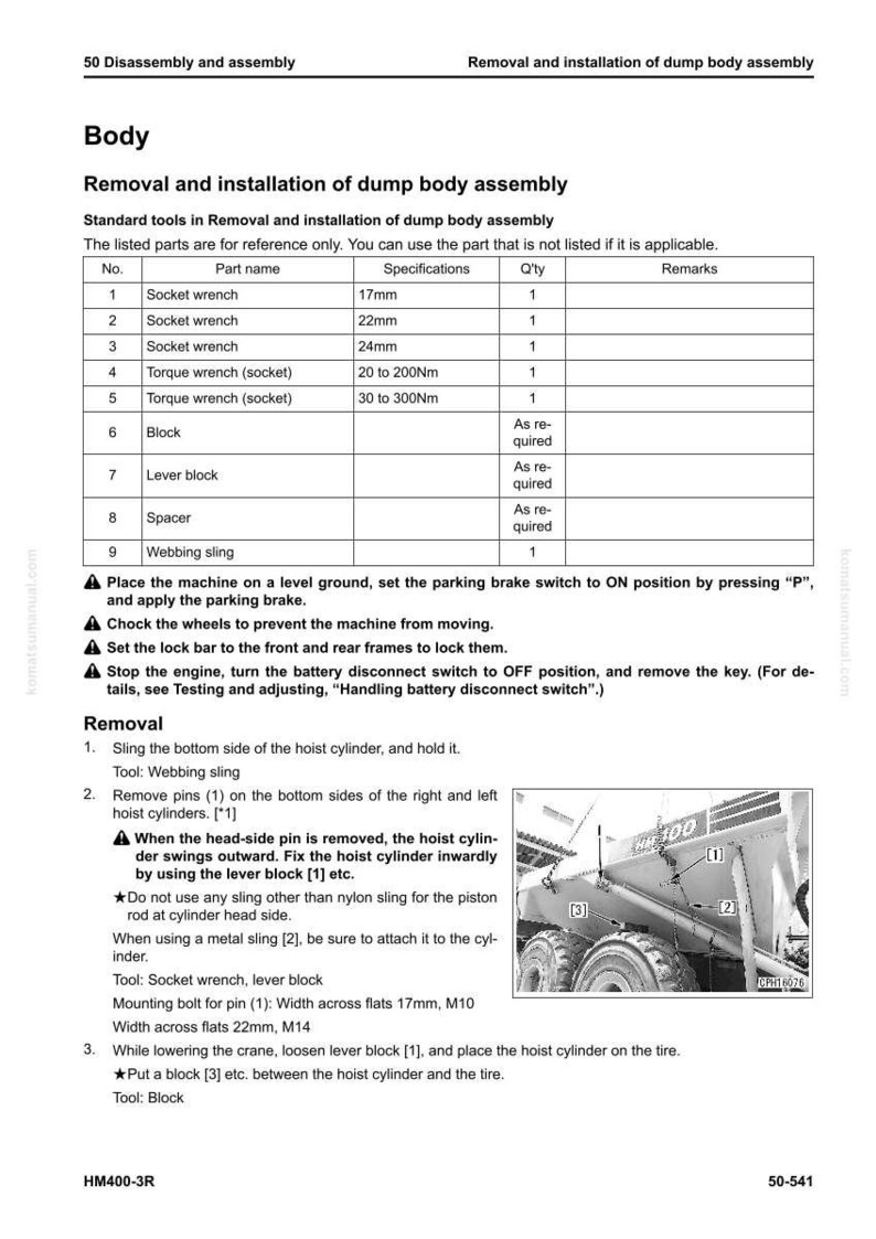 May include: A page from a manual detailing the removal and installation of a dump body assembly. It includes a parts list with specifications, such as socket wrenches (17mm, 22mm, 24mm) and torque wrenches. Instructions and diagrams are also provided.