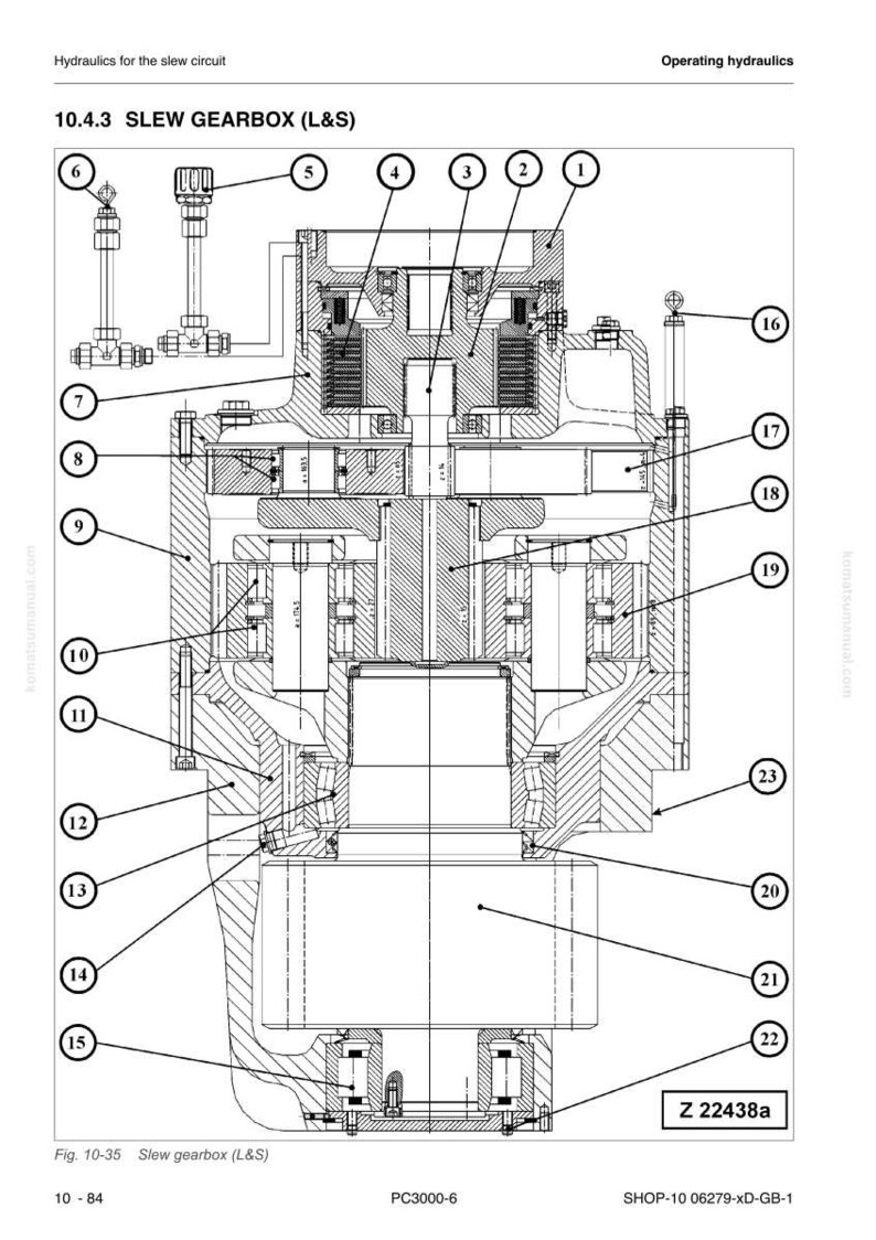May include: Detailed diagram of a slew gearbox (L&S) with numbered components. The image is a technical illustration with labels and annotations, showing the internal workings of the hydraulic system. The text "SLEW GEARBOX (L&S)" is visible.