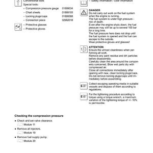Op de afbeelding: Een technisch document van DEUTZ met procedures voor het controleren van de compressiedruk op een cilinderkop. Bevat veiligheidswaarschuwingen, gereedschapslijsten en stapsgewijze instructies. Met diagrammen en tekst.