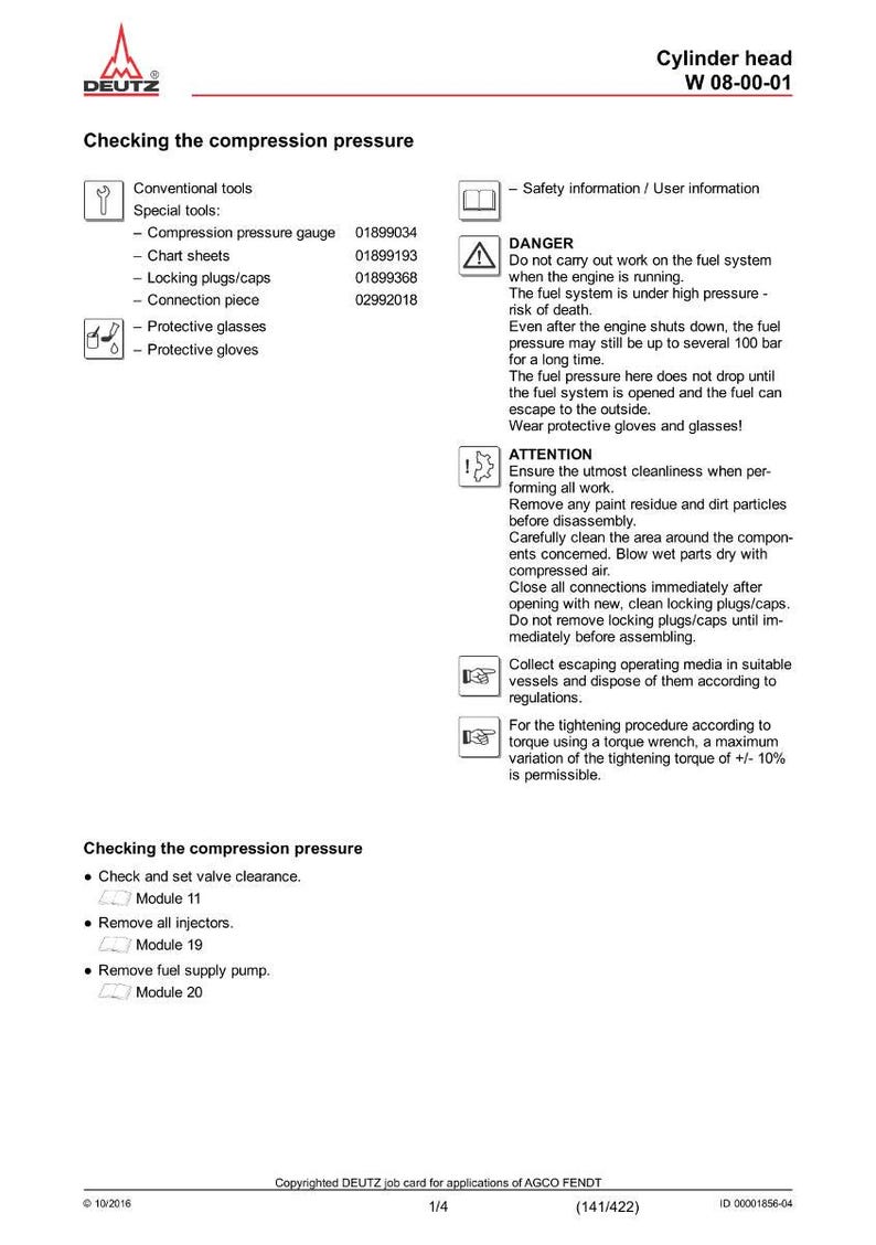 Op de afbeelding: Een technisch document van DEUTZ met procedures voor het controleren van de compressiedruk op een cilinderkop. Bevat veiligheidswaarschuwingen, gereedschapslijsten en stapsgewijze instructies. Met diagrammen en tekst.