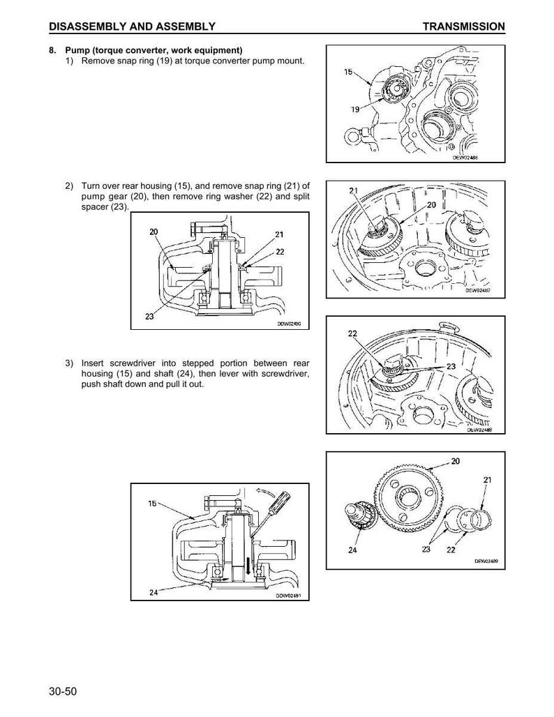Puede incluir: Diagrama de instrucciones de desmontaje y montaje de la transmisi&oacute;n. La imagen incluye ilustraciones detalladas de los componentes de la bomba, incluidos los anillos de seguridad, los engranajes y las arandelas. Las etiquetas de texto identifican cada pieza. El n&uacute;mero de p&aacute;gina es 30-50.