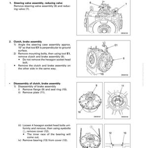 Pu&ograve; includere: Diagramma delle istruzioni di smontaggio del gruppo scatola sterzo. Include illustrazioni del gruppo valvola sterzo, frizione, gruppo freno e smontaggio della frizione e del gruppo freno. Il testo include passaggi numerati e riferimenti ai componenti.