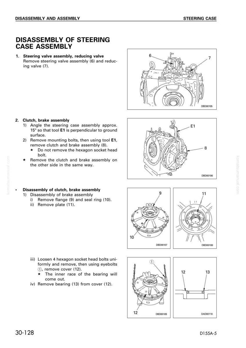 Pu&ograve; includere: Diagramma delle istruzioni di smontaggio del gruppo scatola sterzo. Include illustrazioni del gruppo valvola sterzo, frizione, gruppo freno e smontaggio della frizione e del gruppo freno. Il testo include passaggi numerati e riferimenti ai componenti.