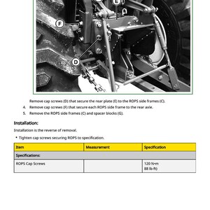 May include: Black and white diagram of tractor components, including ROPS side frames, cap screws, and a rear plate. Text provides instructions for removing and installing parts, with specifications for ROPS cap screws at 88 lb-ft.