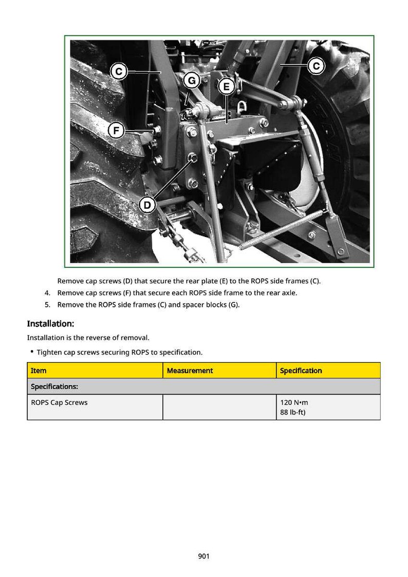 May include: Black and white diagram of tractor components, including ROPS side frames, cap screws, and a rear plate. Text provides instructions for removing and installing parts, with specifications for ROPS cap screws at 88 lb-ft.