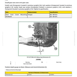 May include: Diagram of a gear case assembly with labels and measurements. Includes a table with torque specifications in lb-ft and N-m. The example dimension (C) is 0.189 inches.