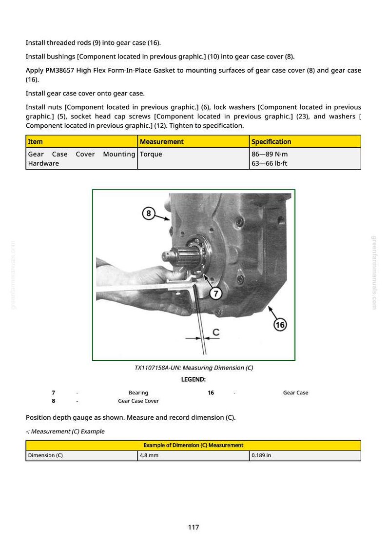 May include: Diagram of a gear case assembly with labels and measurements. Includes a table with torque specifications in lb-ft and N-m. The example dimension (C) is 0.189 inches.
