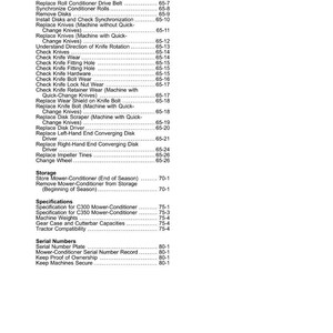 May include: A printed page from a manual, titled "Contents." The page lists various maintenance and specification topics for a mower-conditioner, including knife replacement, disk drivers, and serial numbers. The page number is "iii."