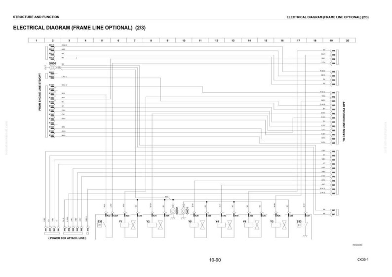 Puede incluir: Un diagrama el&eacute;ctrico detallado, con una red de l&iacute;neas y s&iacute;mbolos, etiquetado con texto. El diagrama se titula "ELECTRICAL DIAGRAM (FRAME LINE OPTIONAL) (2/3)" e incluye el texto "STRUCTURE AND FUNCTION". La imagen es en blanco y negro.