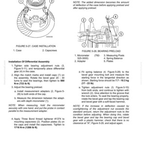 May include: Diagram of a differential assembly installation process, including case installation and bearing preload procedures. The image includes labeled parts, measurement instructions, and torque specifications in inch-pounds and foot-pounds.