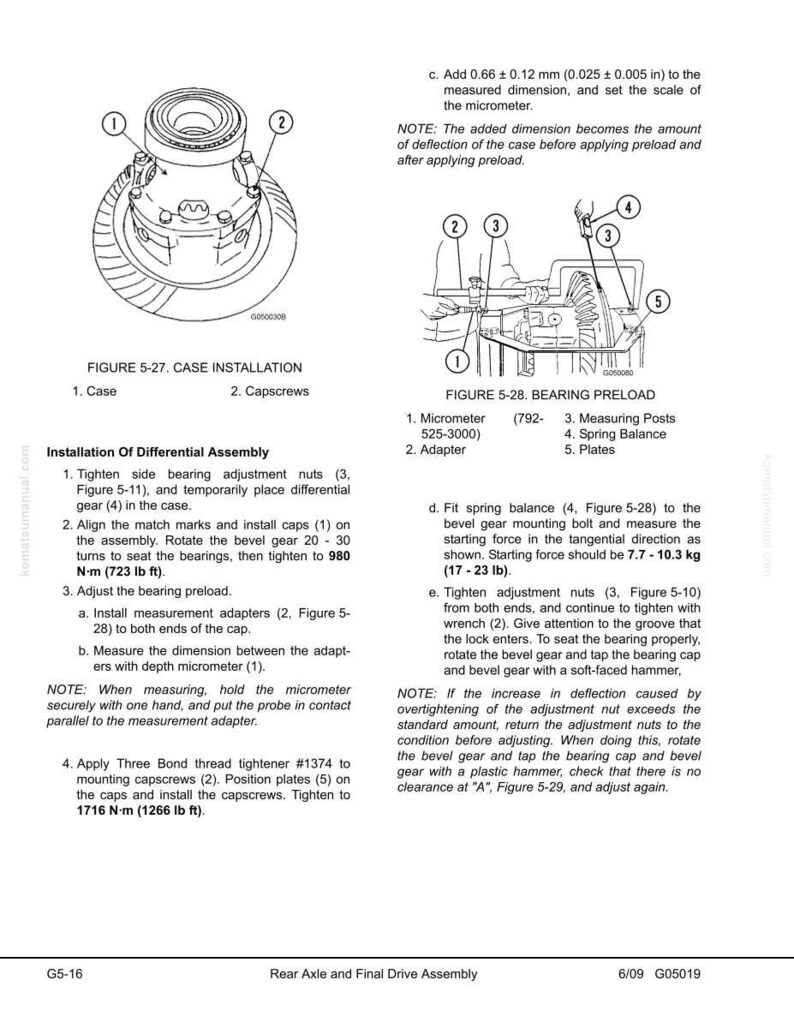 May include: Diagram of a differential assembly installation process, including case installation and bearing preload procedures. The image includes labeled parts, measurement instructions, and torque specifications in inch-pounds and foot-pounds.