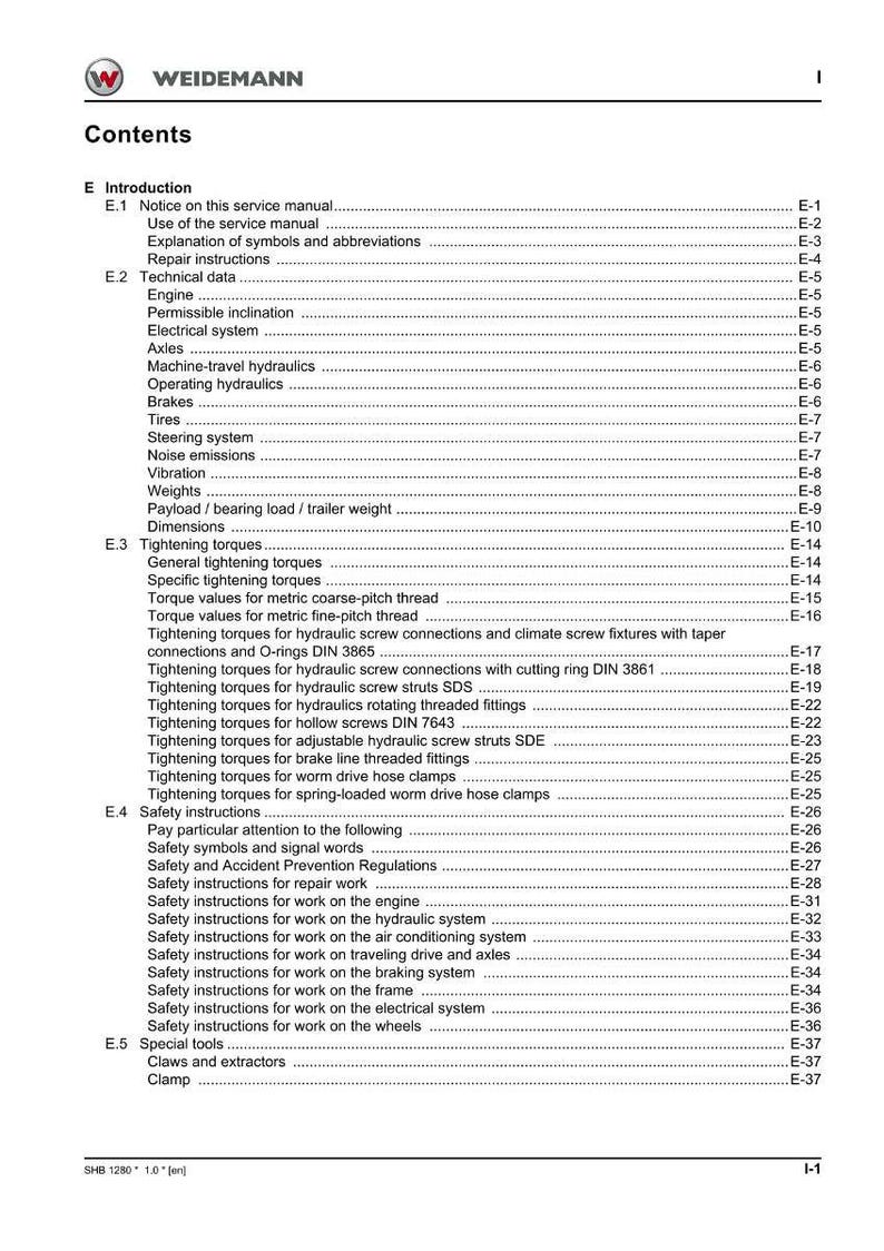 May include: A white document titled "Contents" from Weidemann, listing technical data, tightening torques, and safety instructions. The document includes sections on engines, brakes, and hydraulic systems.
