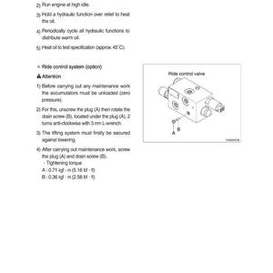 May include: Diagram of a ride control valve with labels A and B, and a detailed hydraulic oil warm-up procedure. The text includes instructions for engine operation, oil heating, and maintenance, with tightening torque specifications.