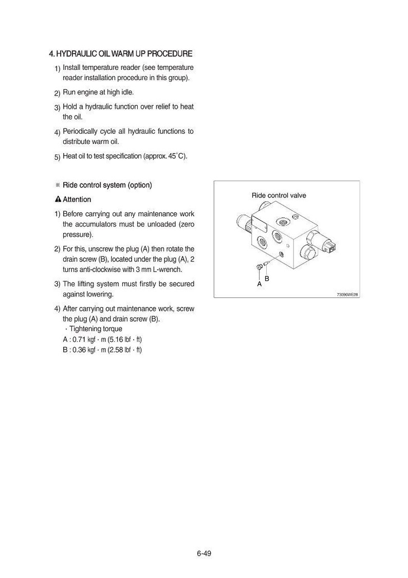 May include: Diagram of a ride control valve with labels A and B, and a detailed hydraulic oil warm-up procedure. The text includes instructions for engine operation, oil heating, and maintenance, with tightening torque specifications.