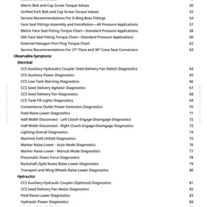 May include: A detailed list of technical specifications and diagnostic procedures, including topics like "Metric Bolt and Cap Screw Torque Values" and "CCS Auxiliary Hydraulics Coupler Diagnostics." The document is organized with numbered sections and subheadings.