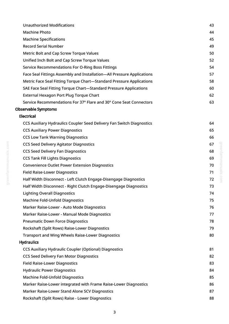 May include: A detailed list of technical specifications and diagnostic procedures, including topics like "Metric Bolt and Cap Screw Torque Values" and "CCS Auxiliary Hydraulics Coupler Diagnostics." The document is organized with numbered sections and subheadings.