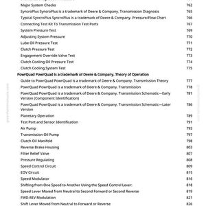 May include: A manual page featuring a list of technical terms and procedures, such as "Avoid High-Pressure Fluids" and "Clutch Pressure Test." Page numbers are displayed on the right.