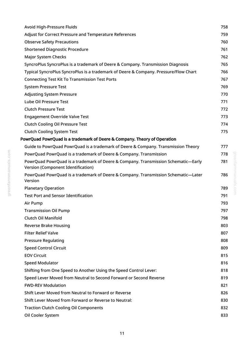 May include: A manual page featuring a list of technical terms and procedures, such as "Avoid High-Pressure Fluids" and "Clutch Pressure Test." Page numbers are displayed on the right.