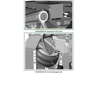 May include: Diagram illustrating the replacement of an air spring. The image shows detailed views of the suspension vent valve and air spring supply line, with labeled components for reference. Text includes "Replace Air Spring".