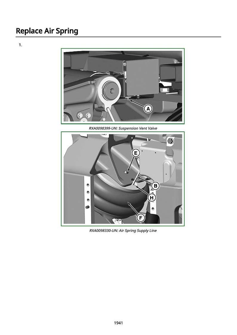 May include: Diagram illustrating the replacement of an air spring. The image shows detailed views of the suspension vent valve and air spring supply line, with labeled components for reference. Text includes "Replace Air Spring".