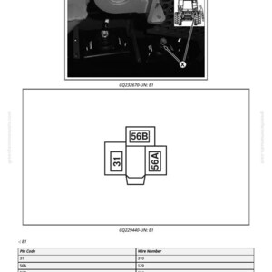 Puede incluir: Diagrama del conector del faro izquierdo E1, con etiquetas para los c&oacute;digos de pin 31, 56A y 56B. Incluye una tabla con los n&uacute;meros de cable 310, 129 y 124. La imagen tambi&eacute;n muestra una ilustraci&oacute;n de un tractor.