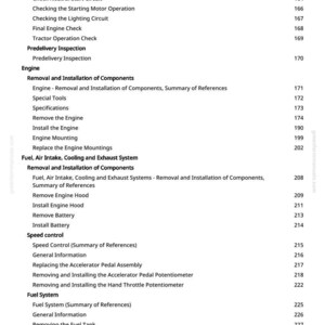 May include: A white-background page from a manual with a table of contents. The text includes sections on engine maintenance, fuel systems, and speed control, with page numbers listed on the right side. The document is from greenfarmmanuals.com.