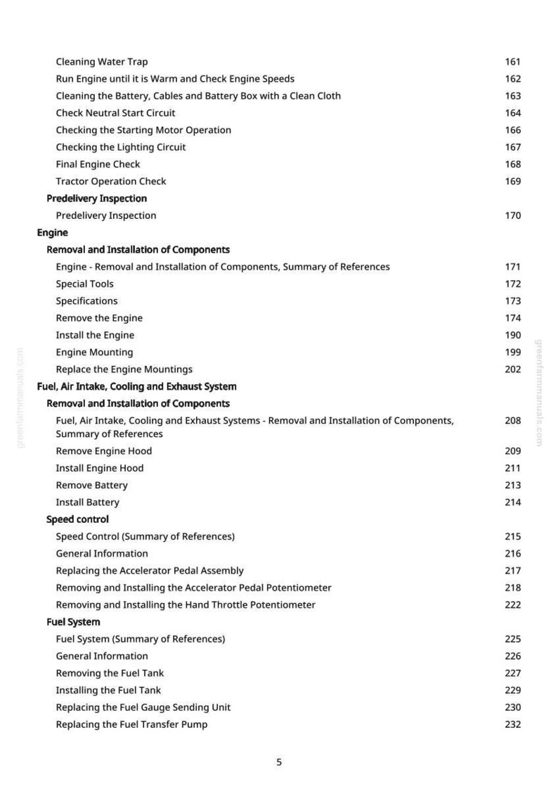 May include: A white-background page from a manual with a table of contents. The text includes sections on engine maintenance, fuel systems, and speed control, with page numbers listed on the right side. The document is from greenfarmmanuals.com.