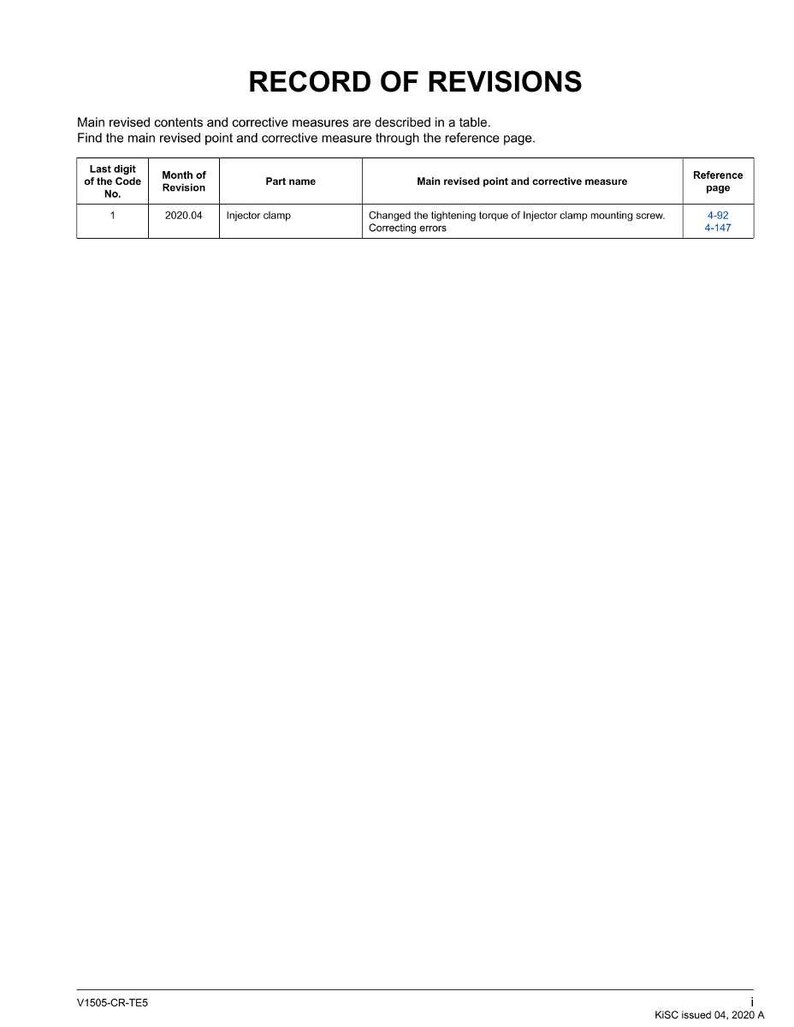 May include: A document titled "RECORD OF REVISIONS" with a table detailing revisions. The table includes columns for the last digit of the code, month of revision, part name, main revised point, and reference page. The document is dated 2020.