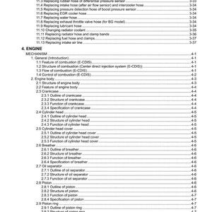 May include: A detailed table of contents from a manual, with sections on engine components, including crankcase, cylinder head, and piston. The document lists various engine maintenance and inspection points, such as replacing hoses and checking coolant.