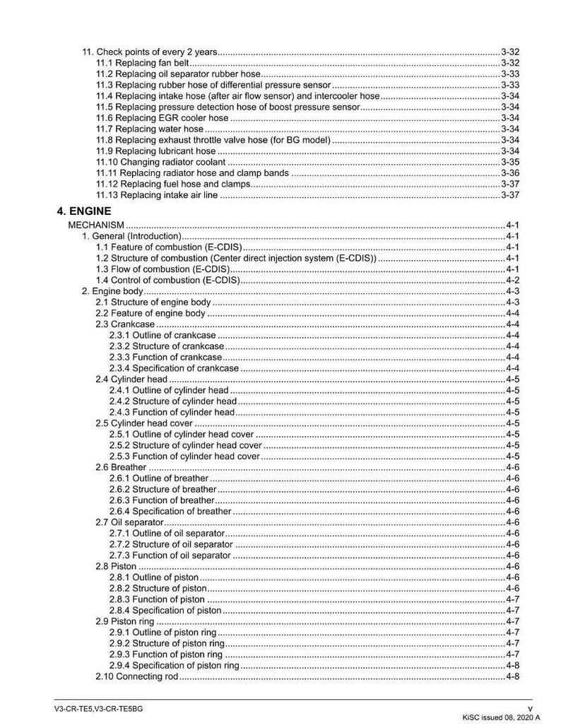 May include: A detailed table of contents from a manual, with sections on engine components, including crankcase, cylinder head, and piston. The document lists various engine maintenance and inspection points, such as replacing hoses and checking coolant.