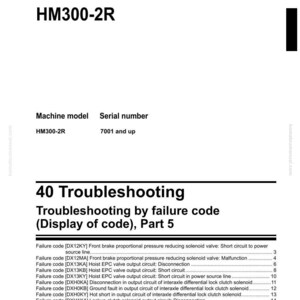 K&ouml;nnte beinhalten: Werkstatthandbuch f&uuml;r einen Muldenkipper, Modell HM300-2R. Das Dokument enth&auml;lt Fehlerbehebungsinformationen nach Fehlercode, Teil 5. Das Komatsu-Handbuch listet auch das Maschinenmodell und die Seriennummer auf.