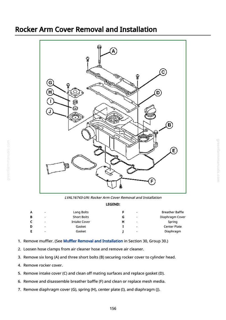 May include: Diagram of rocker arm cover removal and installation, with labeled parts A through J. Includes a legend defining each part, such as long bolts, intake cover, and gasket. Text instructions are also provided.