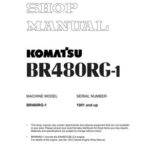 Op de afbeelding: Een witte werkplaatshandleiding voor een Komatsu BR480RG-1 machine. De cover bevat de tekst "SHOP MANUAL" en "KOMATSU BR480RG-1" in vette, zwarte letters. Extra tekst bevat informatie over het machinemodel en het serienummer.